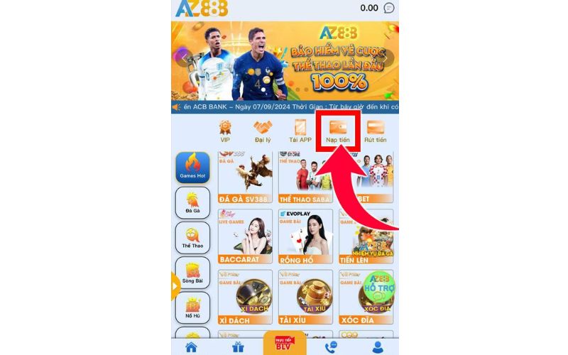 Truy cập trang chủ AZ888 bấm nạp tiền